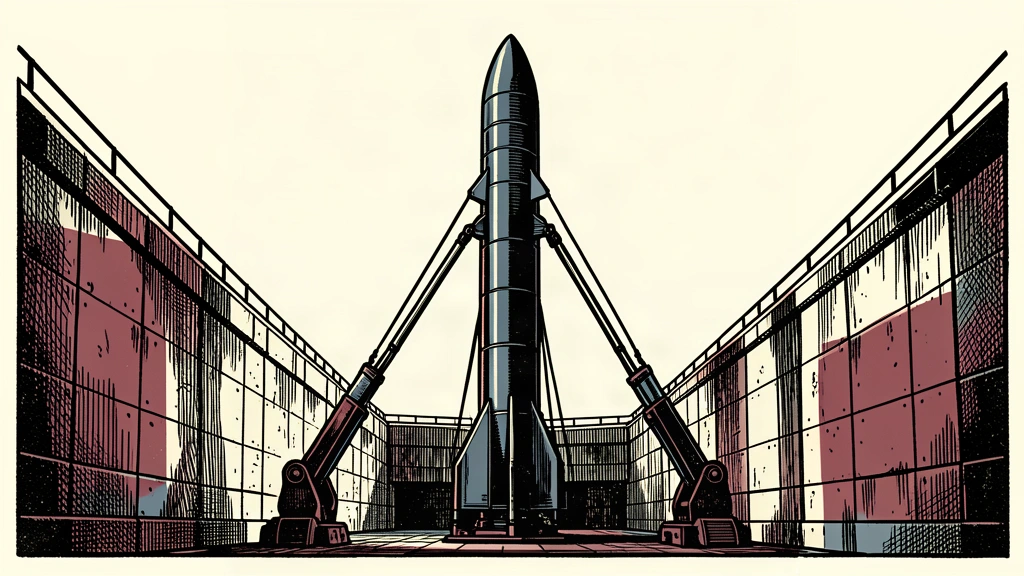 A large missile held by mechanical supports inside a concrete silo, ready for a future test.