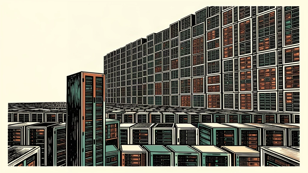 An editorial illustration showing a single server rack in the foreground contrasted against a massive, towering wall of server racks in the distance to represent capacity growth.
