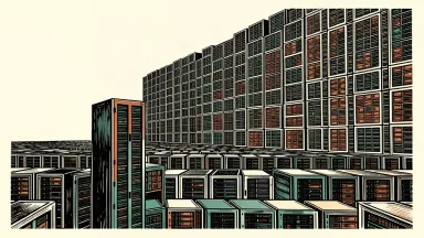 An editorial illustration showing a single server rack in the foreground contrasted against a massive, towering wall of server racks in the distance to represent capacity growth.