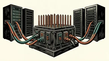 A central power delivery module connecting to four separate server racks through thick cables, representing the licensing of technology to four major OEMs.