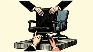 Goldman Sachs succession planning: two executive chairs on a tiered platform with hands indicating a transition of leadership.