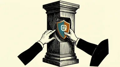 Gen Digital board appointment: anonymous hands place a cybersecurity shield icon into a central stone pillar.