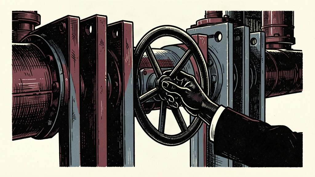 An editorial illustration showing a fuel pipeline being divided into specific, pre-set segments by heavy metal gates.