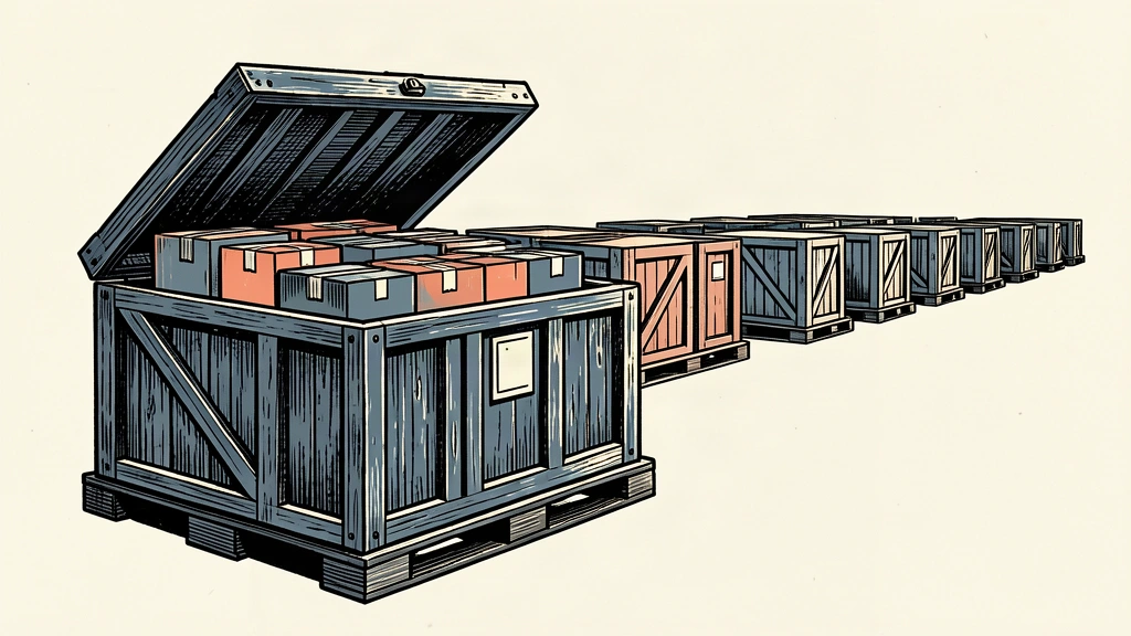 An illustration of a large industrial crate on a pallet with a long line of similar pallets extending into the background, representing sustained distributor sales.