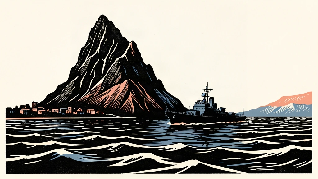 An editorial illustration showing a strategic island and a coastal city overlooking a narrow maritime chokepoint.