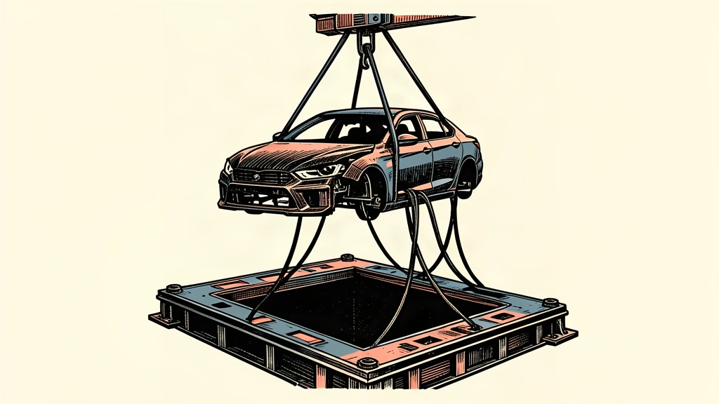 An editorial illustration showing a car chassis suspended high while its manufacturing platform descends, symbolizing a reduction in spending.