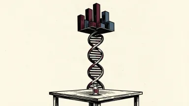 Moderna stock reaches a high as the company pivots to an mRNA platform: a large mRNA strand grows into a series of tall pillars above a single vaccine vial.