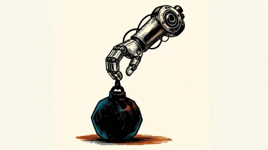 UiPath stock downgraded to Underperform: a robotic arm is pulled downward by a heavy weight attached to its wrist.
