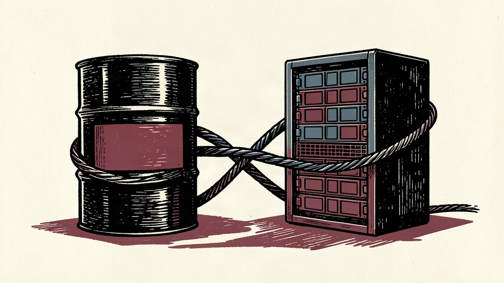 An editorial illustration showing an oil drum and a server rack bound together by a tight cable, representing the combined pressure of energy costs and AI demand.