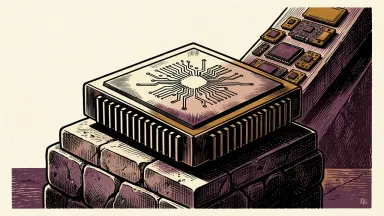 Nvidia stock rises on buyback news while other tech stocks slide: a massive, thick microchip sits firmly on a pedestal as smaller circuit boards slide away.
