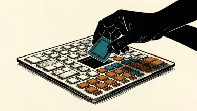 An editorial illustration showing a hand removing a single microchip from a large silicon wafer grid, representing a divestment.