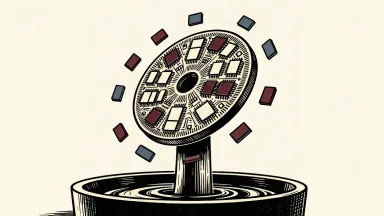 Chip stocks rebounding: a circular silicon wafer being lifted upward from a dark basin by a rising pillar.