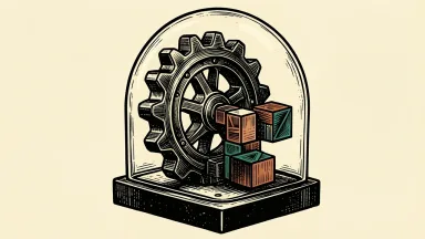 GitLab software factory security: a large industrial gear and software blocks protected by a curved transparent shield.