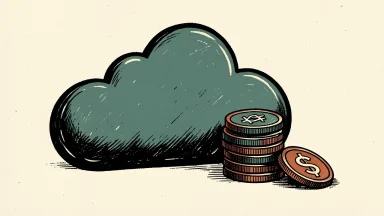 CoreWeave stock declines shown as a cloud form with a downward slope and a sliding coin disc.