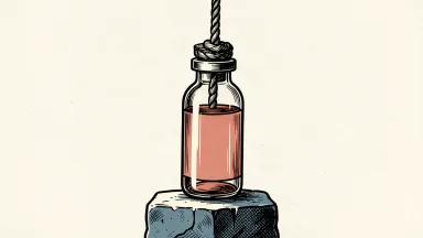 Moderna stock surges on positive cancer vaccine data: a medical vial is pulled upward by a taut rope, rising high above a stone base.