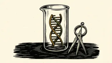 Caribou Biosciences evaluating strategic alternatives: a laboratory beaker containing a DNA strand beside a measuring compass.