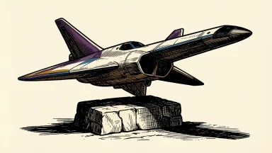 Northrop Grumman under pressure from a Barclays underweight rating: a sleek delta-wing aircraft rests on a tilted stone pedestal.