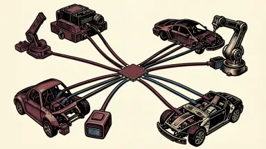 Microchip Technology 10BASE-T1S devices: a single network cable branching out to connect directly to a car and a robotic arm through a central microchip.