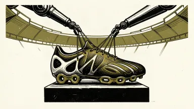 An editorial illustration of a futuristic football boot being constructed by robotic arms using LightSpray technology, set against a minimalist stadium backdrop.