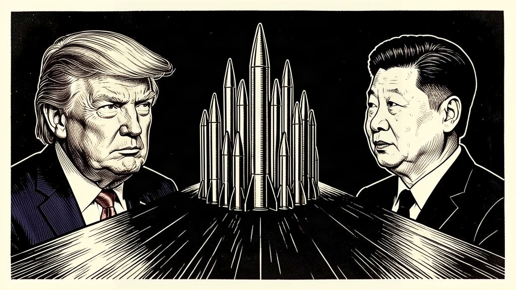 An editorial illustration showing Trump and Xi Jinping on opposite sides of a divided table, separated by a row of missiles. Identity photo references adapted into illustration: Daniel Torok (Public domain; https://commons.wikimedia.org/wiki/File:Official_Presidential_Portrait_of_President_Donald_J._Trump_(2025).jpg); source https://commons.wikimedia.org/wiki/File:Official_Presidential_Portrait_of_President_Donald_J._Trump_(2025).jpg | Официальный веб-сайт Президента Российской Федерации (CC BY 4.0; https://creativecommons.org/licenses/by/4.0); source https://commons.wikimedia.org/wiki/File:Chinese_President_Xi_May_2024.jpg