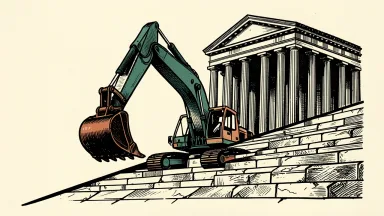The Dow Jones Industrial Average falls as Caterpillar and Goldman Sachs lead losses: an excavator bucket and a bank facade on a downward slope.