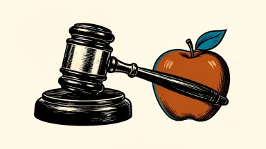 The UK competition regulator's gavel is positioned next to an Apple silhouette, indicating upcoming antitrust proposals.