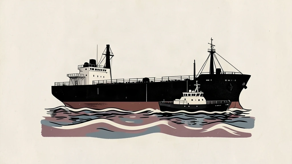 An editorial illustration showing a large oil tanker being intercepted by a smaller coast guard vessel on a calm sea.