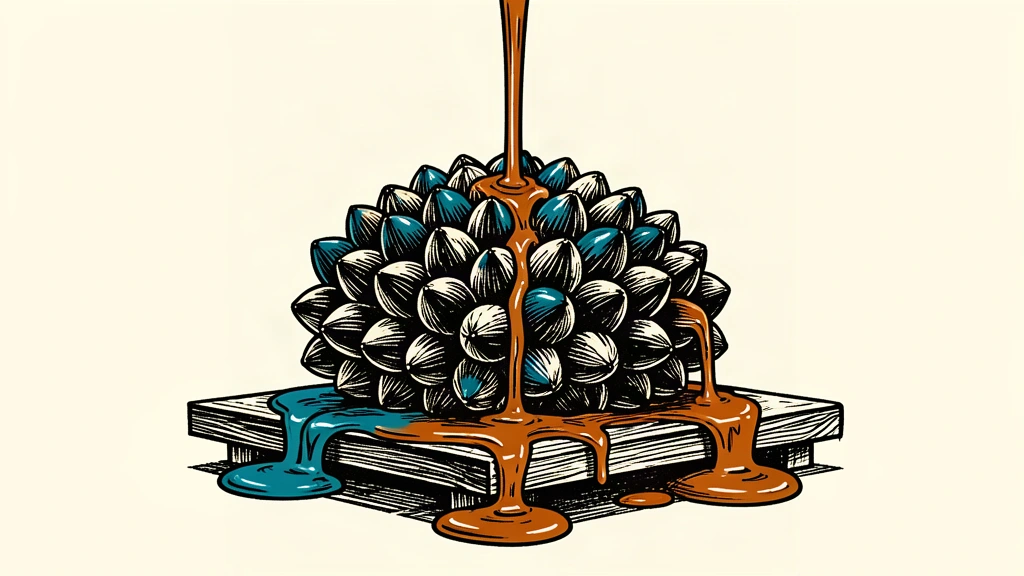 A dense bunch of palm fruit sits on a platform as a thick stream of oil pours over it, representing increased production.