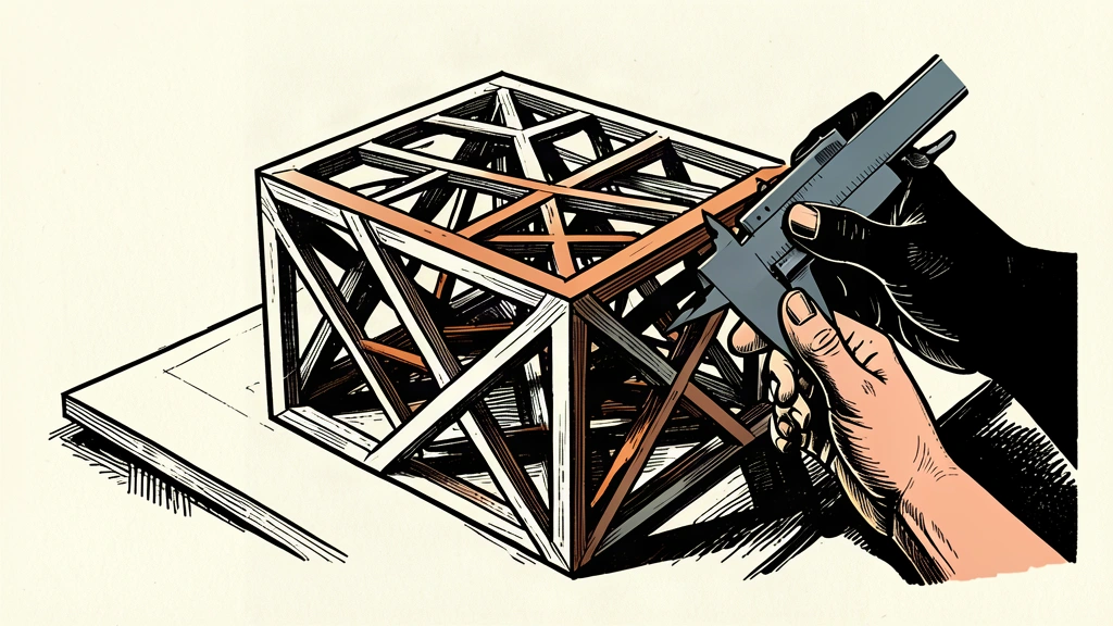 An editorial illustration of hands using calipers to measure a large, partially highlighted geometric structure, representing the measurement of AI model development.