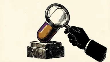 ORIC Pharmaceuticals under positive analyst coverage: a large capsule on a stone pedestal viewed through a magnifying glass.