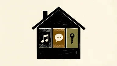 Apple HomeView platform announcement: a minimalist house silhouette containing icons for entertainment, connectivity, and home management.