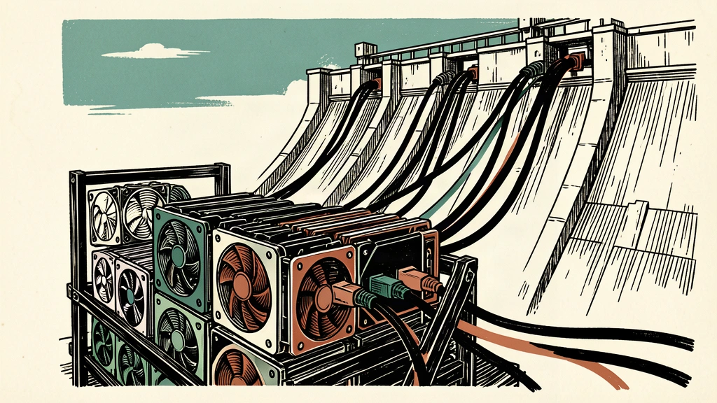An editorial illustration showing thick power lines descending from a large dam into a stack of computer mining hardware.