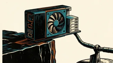 Nvidia GPU financing for AI providers: a large computer graphics card acts as a bridge supporting a small server rack, secured by a heavy anchor and cable.