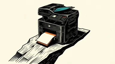 Xerox facing print market challenges: a large office printer sits on a narrow, precarious paper ledge above a steep downward slope.