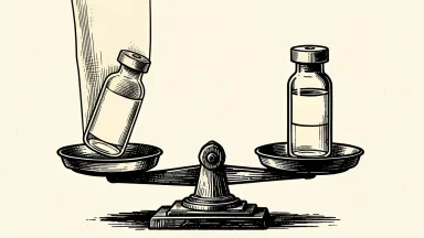 Kodiak Sciences stock surges after its eye drug matches a competitor: two medical vials sit perfectly level on a balance scale that is being pushed upward.