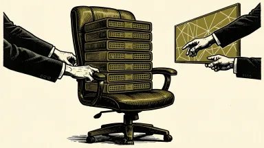 MongoDB CEO transition: a stack of database disks sits in a central office chair as one set of hands takes hold and another departs.