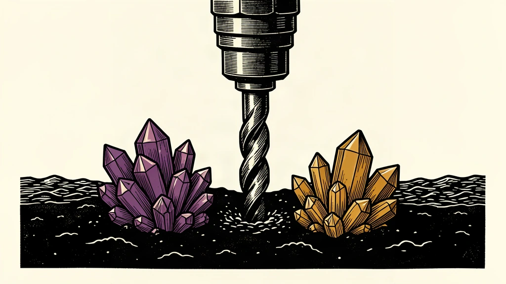 An editorial illustration showing a large drill bit entering the ground between two glowing mineral deposits.