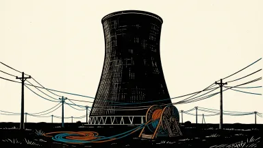 Ameren Missouri planning for new nuclear capacity: a large cooling tower silhouette with power lines being unspooled from a cable drum in the foreground.