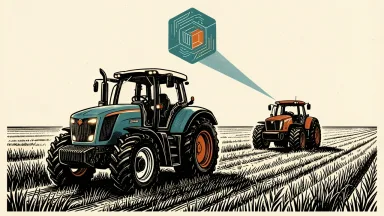 AGCO autonomous farming technology: an empty-cab tractor leading a second machine across a field, connected by a digital beam.