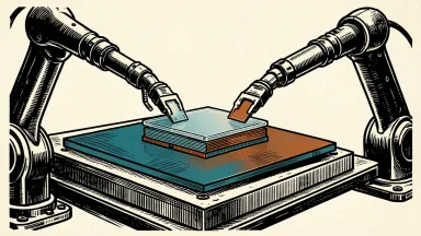 Applied Materials and KIOXIA partner on memory technology: two robotic arms place a multi-layered chip stack onto a semiconductor wafer.