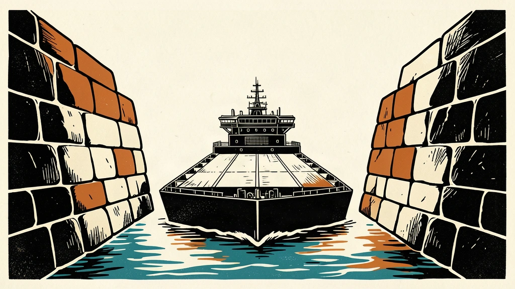 An editorial illustration of a cargo ship passing through a narrow stone strait into open water.