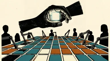 A conceptual illustration of a large hand and mechanical arms organizing a field of geometric tiles on ivory paper.