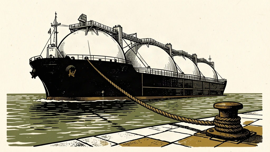 A large LNG tanker with spherical tanks is moored to a coastal pier by a heavy rope.