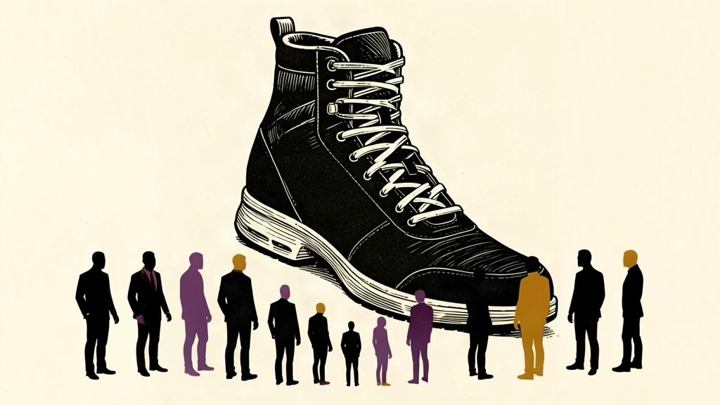 An editorial illustration of a large athletic shoe standing tall while a small portion of a group of silhouettes is separated from the main group.
