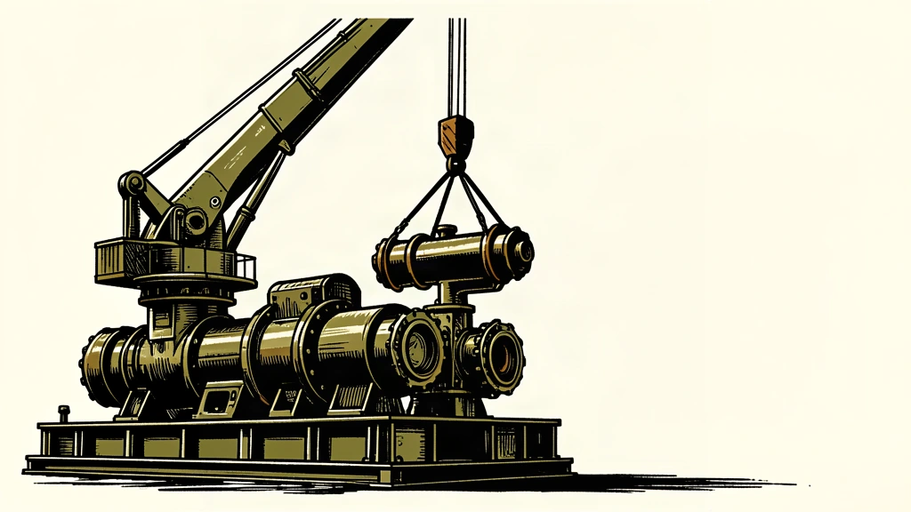 A large industrial engine being assembled by a crane arm in a minimalist ink style.
