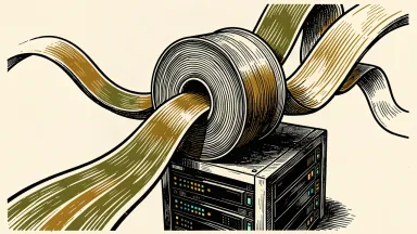 EPAM's cloud infrastructure for the EU's consolidated tape: multiple data streams merging into a single, central spool on a server rack.