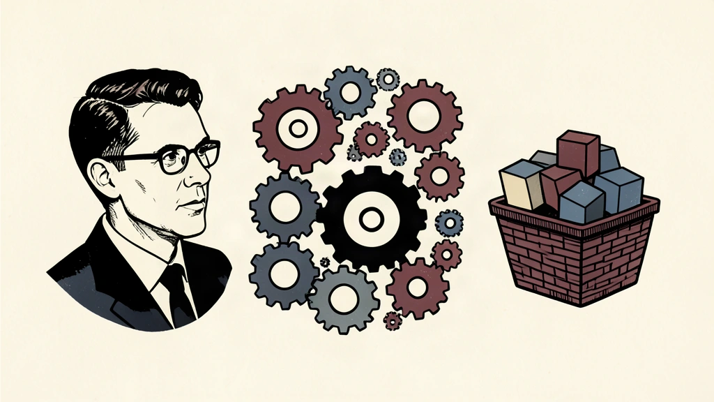 A linocut illustration of a person observing floating mechanical components and a geometric portfolio basket.