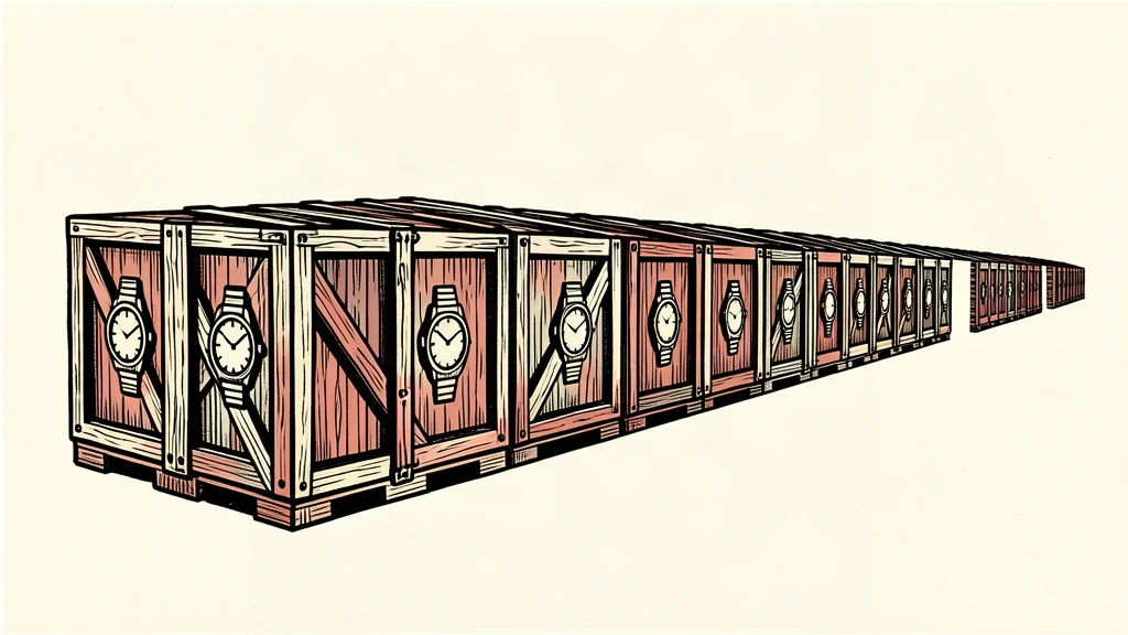 An editorial illustration showing a line of watch shipping crates on a dock where the spacing between them increases, visually representing the deceleration of export growth.