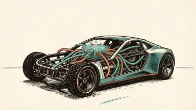 BlackBerry's QNX software growth: a glowing processor core inside a modern vehicle chassis connected to multiple power cables.