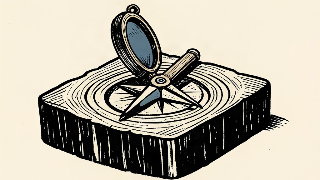 A linocut illustration of a large wooden compass carving a deep circular path into a solid block, representing a long-term strategic plan.